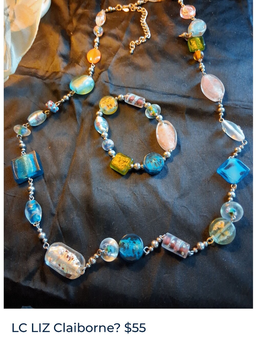 Liz Claiborne Blue Multicolor Glass Bead Necklace and Bracelet Set